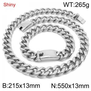 Simple and stylish polished stainless steel 13mm smooth surface buckle Cuban bracelet necklace set - KS219871-Z