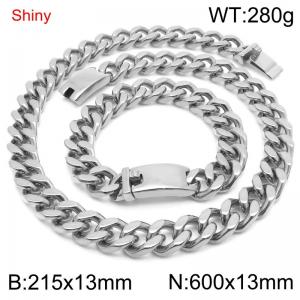 Simple and stylish polished stainless steel 13mm smooth surface buckle Cuban bracelet necklace set - KS219872-Z