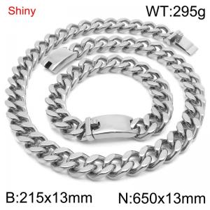 Simple and stylish polished stainless steel 13mm smooth surface buckle Cuban bracelet necklace set - KS219873-Z