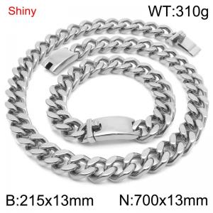 Simple and stylish polished stainless steel 13mm smooth surface buckle Cuban bracelet necklace set - KS219874-Z