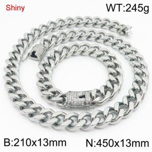 Simple and stylish polished stainless steel 13mm diamond studded buckle Cuban bracelet necklace set - KS219890-Z