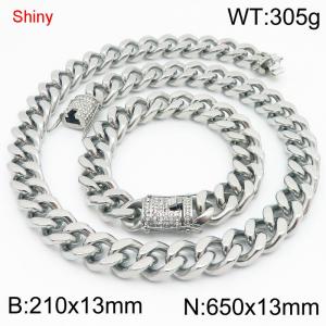 Simple and stylish polished stainless steel 13mm diamond studded buckle Cuban bracelet necklace set - KS219894-Z