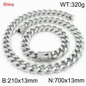 Simple and stylish polished stainless steel 13mm diamond studded buckle Cuban bracelet necklace set - KS219895-Z