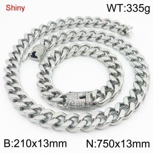 Simple and stylish polished stainless steel 13mm diamond studded buckle Cuban bracelet necklace set - KS219896-Z