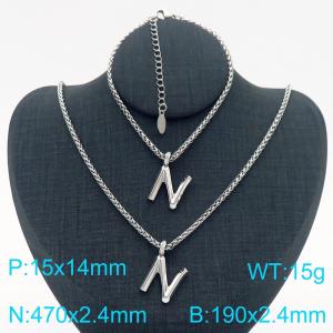 Silver Color Stainless Steel Capital Letters N Basket Chain Necklace Bracelets For Women Men - KS220012-Z