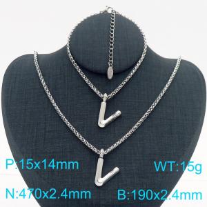 Silver Color Stainless Steel Capital Letters V Basket Chain Necklace Bracelets For Women Men - KS220020-Z