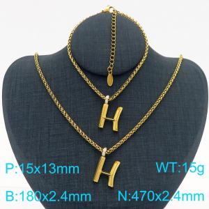 Gold Color Stainless Steel Capital Letters H Basket Chain Necklace Bracelets For Women Men - KS220032-Z