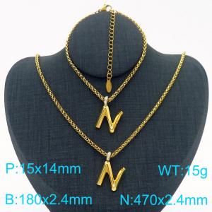 Gold Color Stainless Steel Capital Letters N Basket Chain Necklace Bracelets For Women Men - KS220038-Z