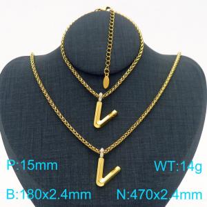 Gold Color Stainless Steel Capital Letters V Basket Chain Necklace Bracelets For Women Men - KS220046-Z