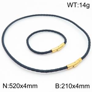 4mm Gold-Plated Stainless Steel&Black Leather 21cm Bracelet&52cm Necklace Jewelry Set - KS220056-TXH