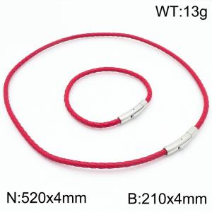 4mm Stainless Steel&Red Leather 21cm Bracelet&52cmm Necklace Jewelry Set - KS220057-TXH