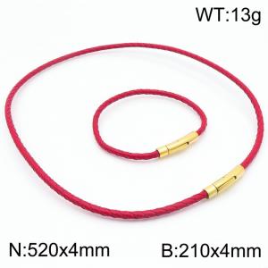 4mm Gold-Plated Stainless Steel&Red Leather 21cm Bracelet&52cmm Necklace Jewelry Set - KS220058-TXH