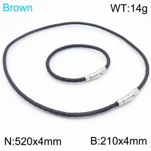 4mm Stainless Steel&Brown Leather 21cm Bracelet&52cm Necklace Jewelry Set - KS220059-TXH