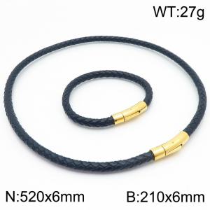 6mm Gold-Plated Stainless Steel&Black Leather 21cm Bracelet&52cm Necklace Jewelry Set - KS220063-TXH