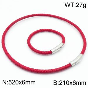 6mm Stainless Steel&Red Leather 21cm Bracelet&52cmm Necklace Jewelry Set - KS220065-TXH