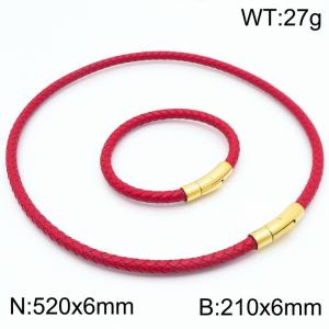 6mm Gold-Plated Stainless Steel&Red Leather 21cm Bracelet&52cmm Necklace Jewelry Set - KS220066-TXH