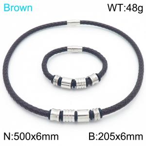 Decorated 6mm Stainless Steel&Brown Leather 20.5cm Bracelet&50cmm Necklace Jewelry Set - KS220078-TXH