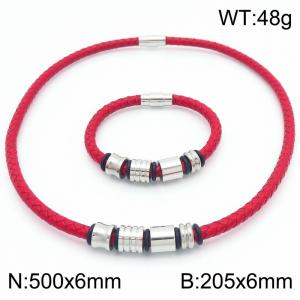 Decorated 6mm Stainless Steel&Red Leather 20.5cm Bracelet&50cmm Necklace Jewelry Set - KS220079-TXH