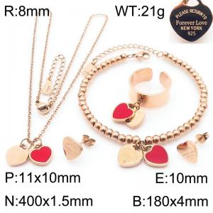 European and American fashion stainless steel red double heart-shaped charm rose gold rings&earrings&bracelets&necklaces 4-piece set - KS220116-KLX