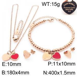 European and American fashion stainless steel red double heart-shaped charm rose gold earrings&bracelets&necklaces 3-piece set - KS220117-KLX