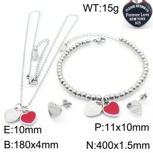 European and American fashion stainless steel red double heart-shaped charm silver earrings&bracelets&necklaces 3-piece set - KS220118-KLX