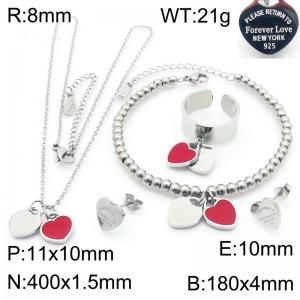 European and American fashion stainless steel red double heart-shaped charm silver rings&earrings&bracelets&necklaces 4-piece set - KS220119-KLX