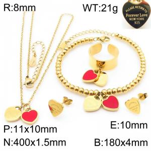 European and American fashion stainless steel red double heart-shaped charm gold rings&earrings&bracelets&necklaces 4-piece set - KS220120-KLX