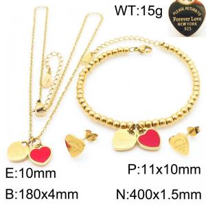 European and American fashion stainless steel red double heart-shaped charm gold earrings&bracelets&necklaces 3-piece set - KS220121-KLX