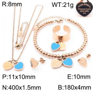 European and American fashion stainless steel blue double heart-shaped charm rose gold rings&earrings&bracelets&necklaces 4-piece set - KS220122-KLX