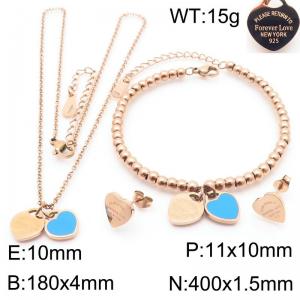 European and American fashion stainless steel blue double heart-shaped charm rose gold earrings&bracelets&necklaces 3-piece set - KS220123-KLX