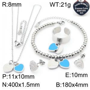 European and American fashion stainless steel blue double heart-shaped charm silver rings&earrings&bracelets&necklaces 4-piece set - KS220124-KLX