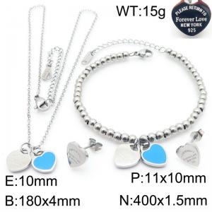 European and American fashion stainless steel blue double heart-shaped charm silver earrings&bracelets&necklaces 3-piece set - KS220125-KLX