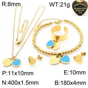 European and American fashion stainless steel blue double heart-shaped charm gold rings&earrings&bracelets&necklaces 4-piece set - KS220126-KLX