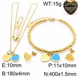 European and American fashion stainless steel blue double heart-shaped charm gold earrings&bracelets&necklaces 3-piece set - KS220127-KLX