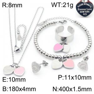 European and American fashion stainless steel light pink double heart-shaped charm silver rings&earrings&bracelets&necklaces 4-piece set - KS220128-KLX