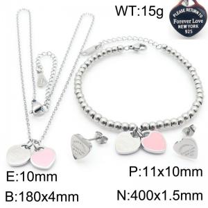 European and American fashion stainless steel light pink double heart-shaped charm silver earrings&bracelets&necklaces 3-piece set - KS220129-KLX