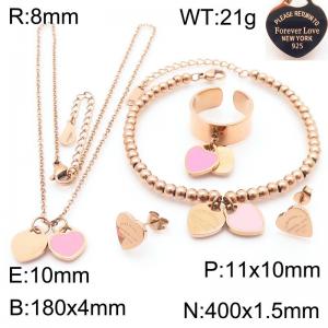 European and American fashion stainless steel light pink double heart-shaped charm rose gold rings&earrings&bracelets&necklaces 4-piece set - KS220130-KLX