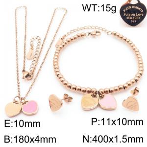 European and American fashion stainless steel light pink double heart-shaped charm rose gold earrings&bracelets&necklaces 3-piece set - KS220131-KLX