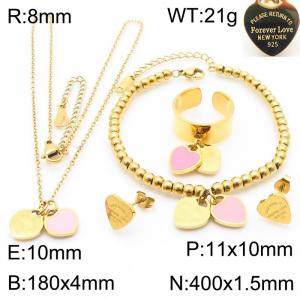 European and American fashion stainless steel light pink double heart-shaped charm gold rings&earrings&bracelets&necklaces 4-piece set - KS220132-KLX