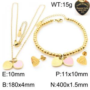 European and American fashion stainless steel light pink double heart-shaped charm gold earrings&bracelets&necklaces 3-piece set - KS220133-KLX