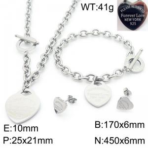 European and American fashion stainless steel O-chain hanging heart-shaped pendant charm silver earrings&bracelets&necklaces 3-piece set - KS220134-KLX