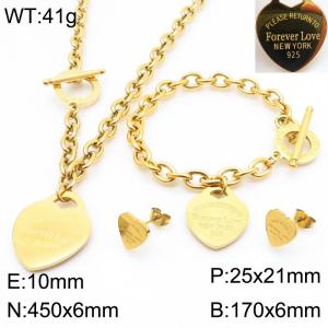 European and American fashion stainless steel O-chain hanging heart-shaped pendant charm gold earrings&bracelets&necklaces 3-piece set - KS220135-KLX