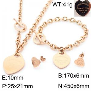 European and American fashion stainless steel O-chain hanging heart-shaped pendant charm rose gold earrings&bracelets&necklaces 3-piece set - KS220136-KLX