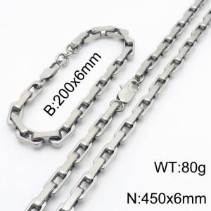 450mm Rectangle Link Chain Stainless Steel Set Bracelet Necklace Steel Color - KS220208-Z