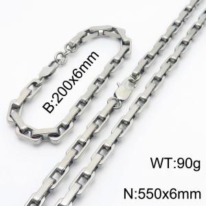 550mm Rectangle Link Chain Stainless Steel Set Bracelet Necklace Steel Color - KS220210-Z