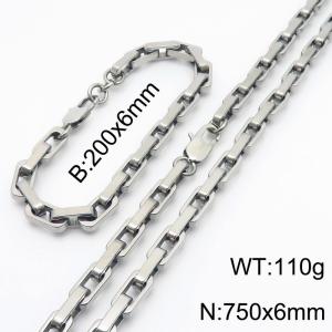 750mm Rectangle Link Chain Stainless Steel Set Bracelet Necklace Steel Color - KS220214-Z