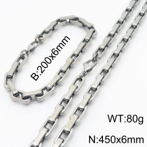 450mm Rectangle Link Chain Stainless Steel Set Bracelet Necklace Steel Color - KS220215-Z