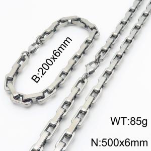 500mm Rectangle Link Chain Stainless Steel Set Bracelet Necklace Steel Color - KS220216-Z