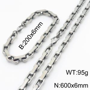 600mm Rectangle Link Chain Stainless Steel Set Bracelet Necklace Steel Color - KS220218-Z