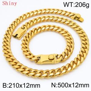 Fashionable and minimalist polished plain chain men's 12 * 500mm titanium steel gold-plated Cuban bracelet necklace two-piece set - KS220498-Z